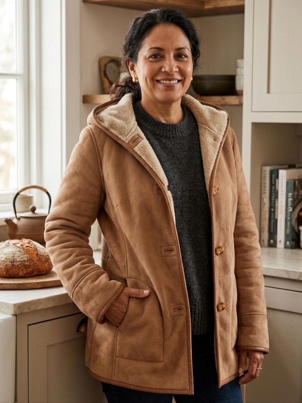 Warm tan coat with teddy interior